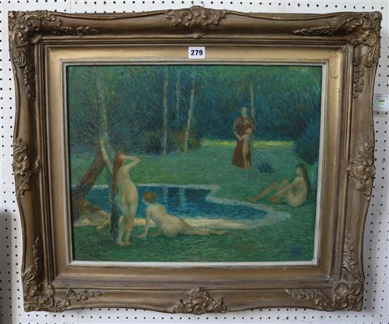 After Edward Stott , oil, Bathers beside a woodland pond(-)